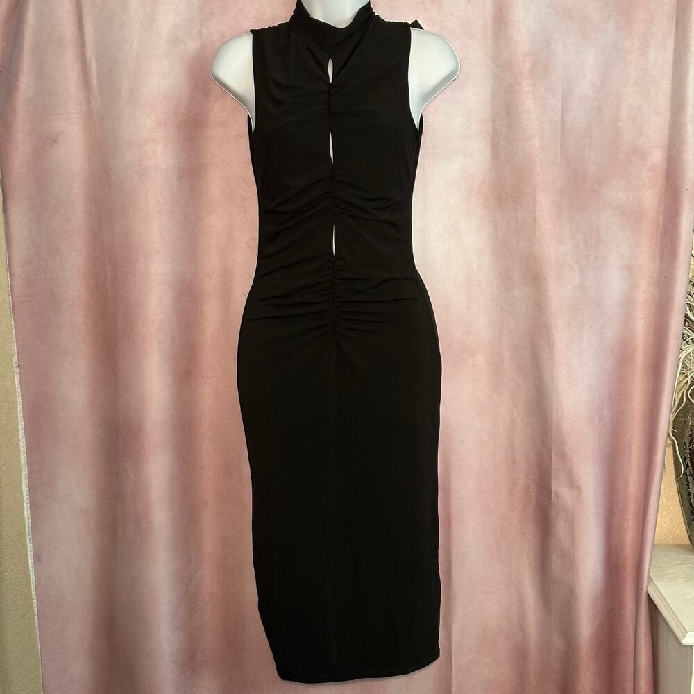 Black Mock Neck Keyhole Cutout Ruched Bodycon Midi Dress Sleeveless Small